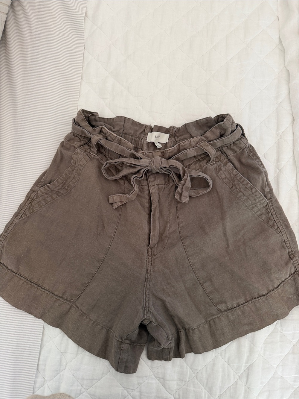 Joie Olive-Taupe Paperbag Waist Linen-Style Shorts